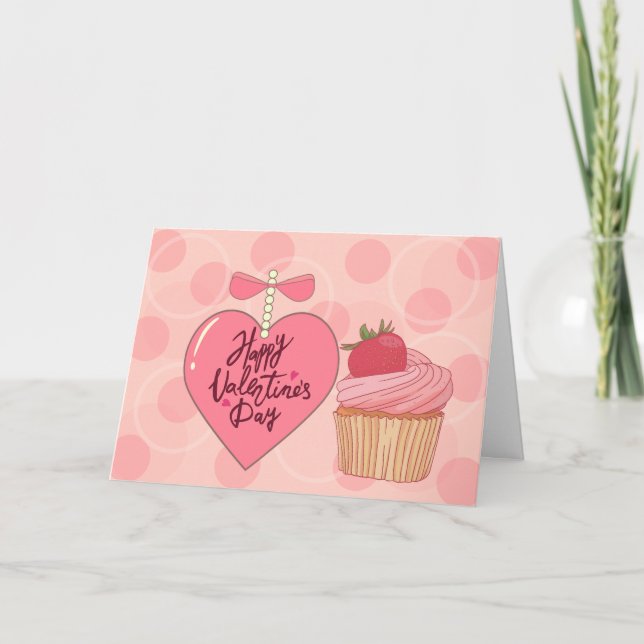 Happy Valentine's Day Erdbeere Cupcake Karte (Vorderseite)