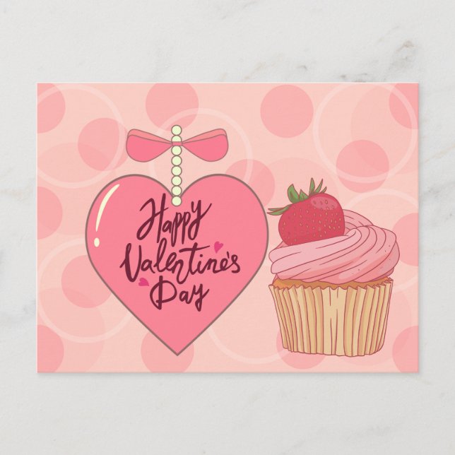 Happy Valentine's Day Erdbeere Cupcake Postkarte (Vorderseite)
