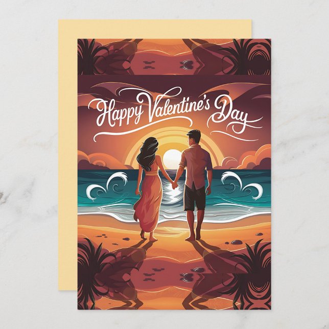 Happy Valentines Day  Feiertagskarte (A romantic scene unfolds as a couple stands hand in hand on a sunlit beach.)