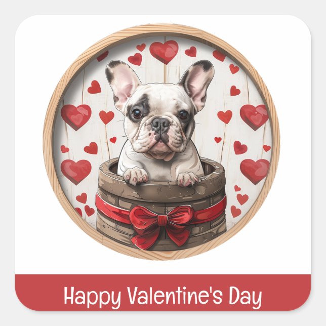Happy Valentines Day French Bulldog Quadratischer Aufkleber (Vorderseite)
