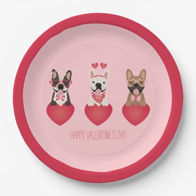 Happy Valentines Day French Bulldogs Pappteller (Vorderseite)