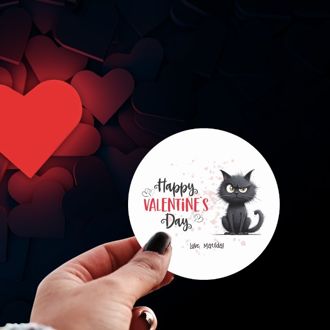 Happy Valentines Day Funny Pub Black Cat Runder Aufkleber (Von Creator hochgeladen)