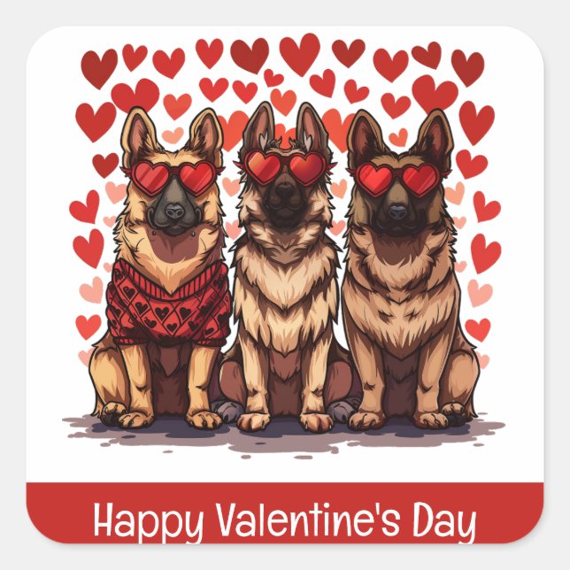 Happy Valentines Day German Shepherd Dogs Quadratischer Aufkleber (Vorderseite)