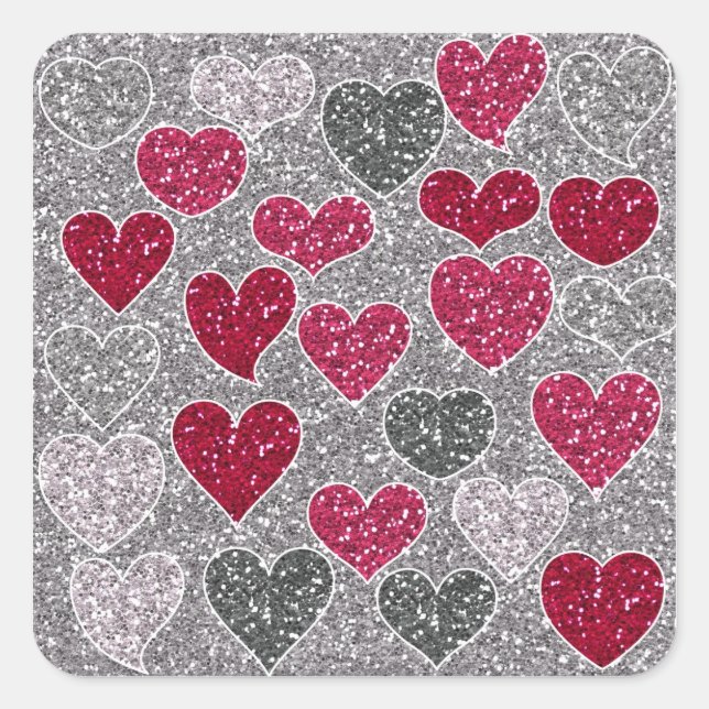 Happy Valentine's Day Glitzer Liebe Bling Hearts Quadratischer Aufkleber (Vorderseite)