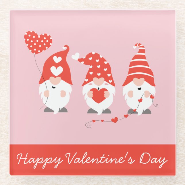 Happy Valentines Day Gnomes Red Pink Glasuntersetzer (Vorderseite)