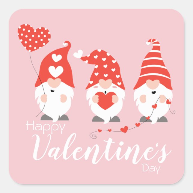 Happy Valentines Day Gnomes Red Pink Quadratischer Aufkleber (Vorderseite)