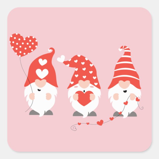 Happy Valentines Day Gnomes Red Pink Quadratischer Aufkleber (Vorderseite)
