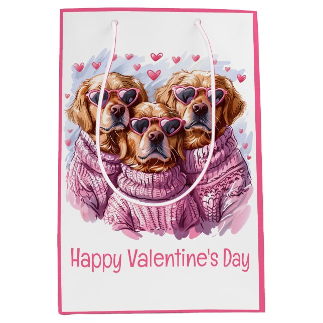 Happy Valentines Day Golden Retriever Hunde Mittlere Geschenktüte (Vorderseite)