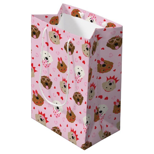 Happy Valentines Day Golden Retriever Hunde Mittlere Geschenktüte (Vorderseite Schrägansicht)