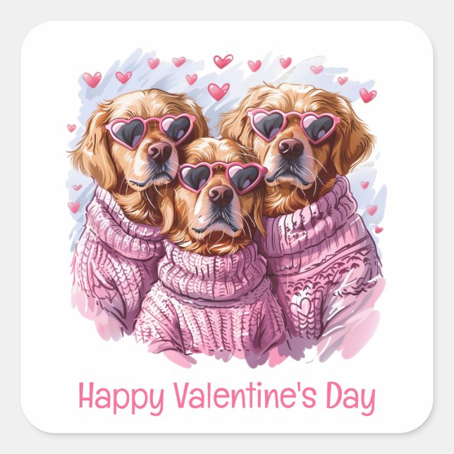 Happy Valentines Day Golden Retriever Hunde Quadratischer Aufkleber (Vorderseite)