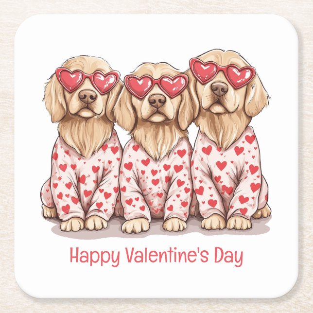 Happy Valentines Day Golden Retriever Hunde Rechteckiger Pappuntersetzer (Vorderseite)