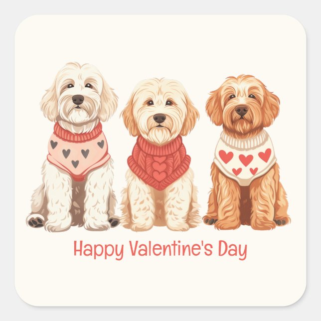 Happy Valentines Day Goldendoodle Hunde Quadratischer Aufkleber (Vorderseite)