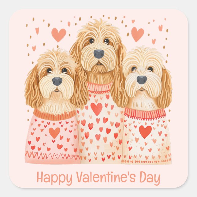 Happy Valentines Day Goldendoodle Hunde Quadratischer Aufkleber (Vorderseite)