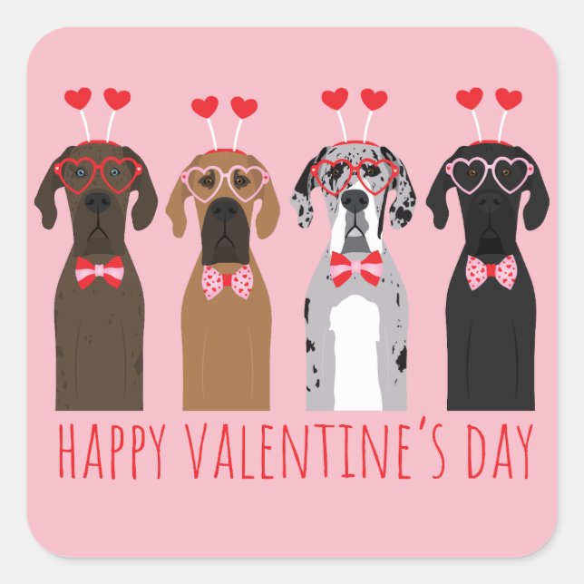 Happy Valentines Day Great Dane Hunde Quadratischer Aufkleber (Vorderseite)