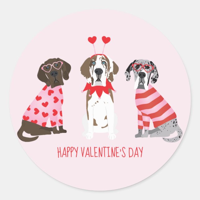 Happy Valentines Day Great Dane Hunde Runder Aufkleber (Vorderseite)
