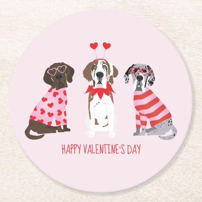 Happy Valentines Day Great Dane Hunde Runder Pappuntersetzer (Vorderseite)