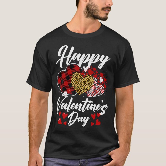 Happy Valentine's Day Hearts mit Leopard Kariert V T-Shirt (Vorderseite)