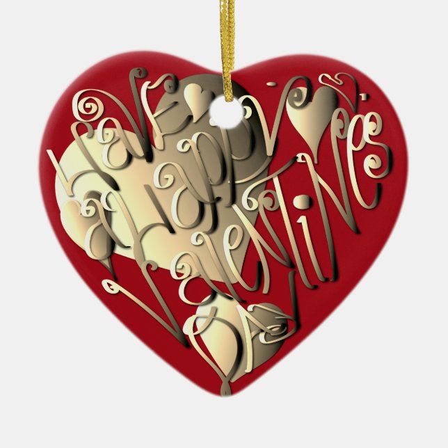 "Happy Valentine's Day" Herz Rot Keramik Ornament (Vorne)