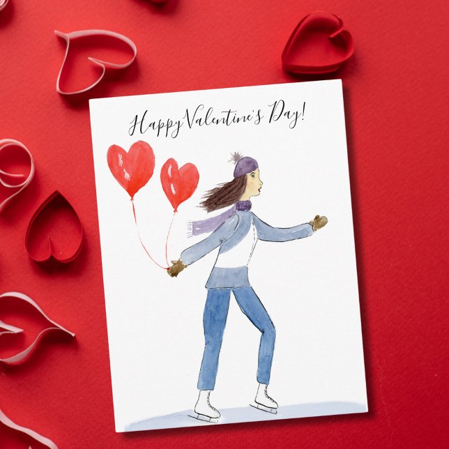 Happy Valentine's Day Ice Skater Wasserfarbe Postkarte (Von Creator hochgeladen)