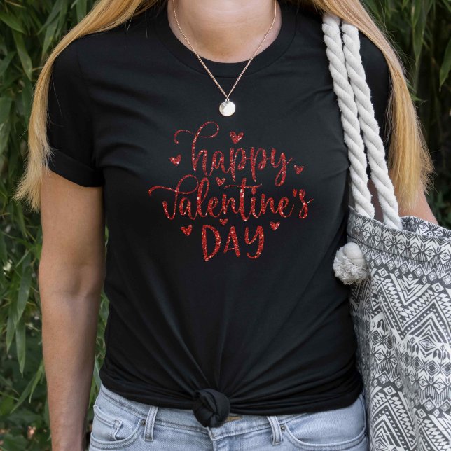 Happy Valentines Day Imitats Roter Glitzer Skript T-Shirt (Von Creator hochgeladen)