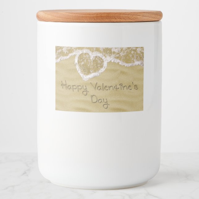 "Happy Valentine's Day" In Sand geschriebenes Herz Lebensmitteletikett (Vorderseite)