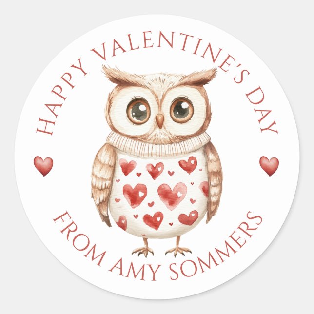 Happy Valentine's Day Kid's Watercolor Owl Runder Aufkleber (Vorderseite)