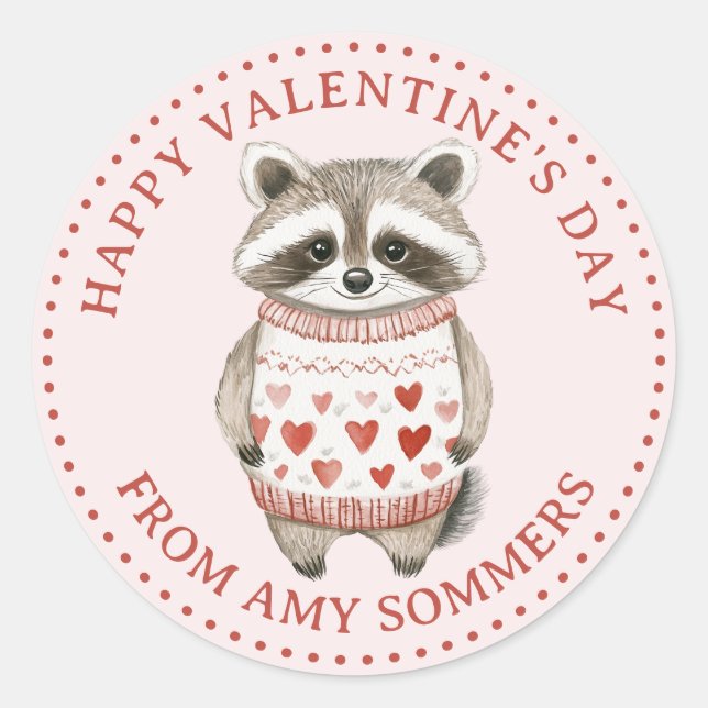 Happy Valentine's Day Kid's Watercolor Raccoon Runder Aufkleber (Vorderseite)