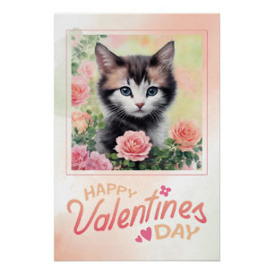 Happy Valentine's Day Kitten Peach Rose Poster