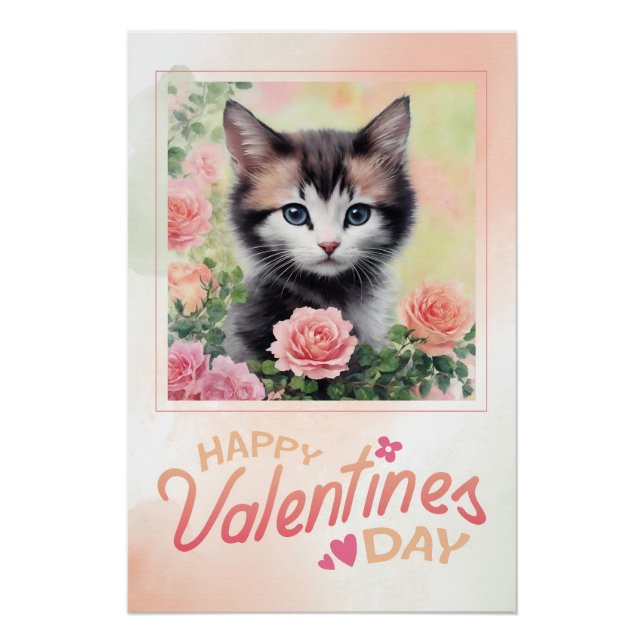 Happy Valentine's Day Kitten Peach Rose Poster (Vorderseite)