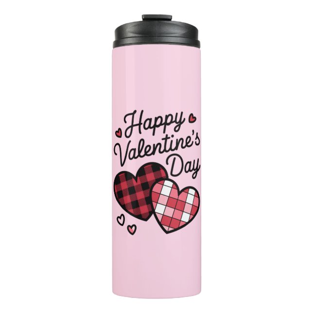 Happy Valentines Day Leopard Karierte Liebe Herz Thermosbecher (Vorderseite)