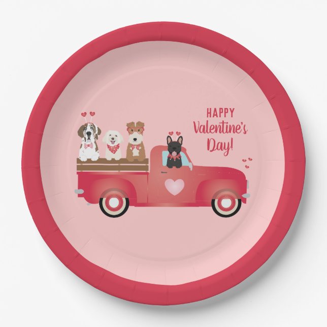 Happy Valentines Day Lieferwagen LKW Liebe Hunde Pappteller (Vorderseite)