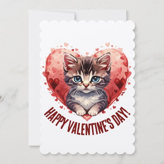Happy Valentine's Day Little Kitten with Heart Feiertagskarte (Vorderseite)