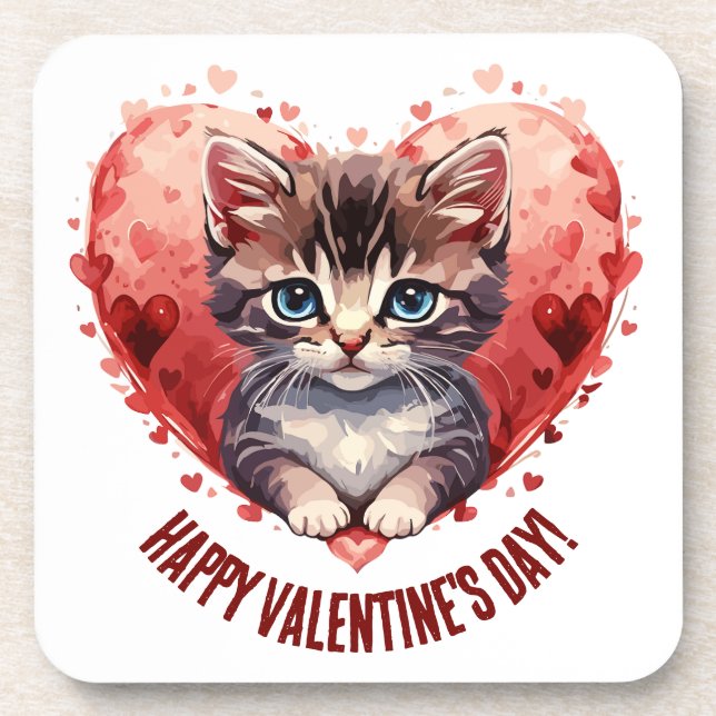 Happy Valentine's Day Little Kitten with Heart Getränkeuntersetzer (Vorderseite)
