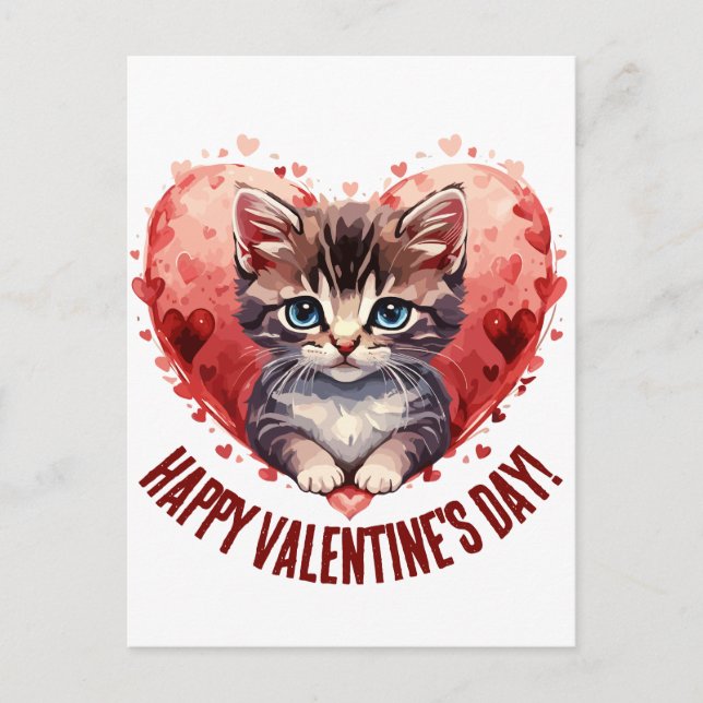 Happy Valentine's Day Little Kitten with Heart Postkarte (Vorderseite)