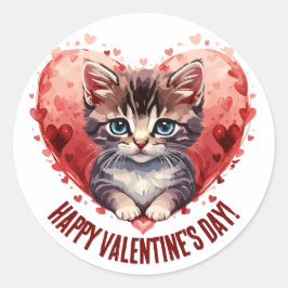 Happy Valentine's Day Little Kitten with Heart Runder Aufkleber