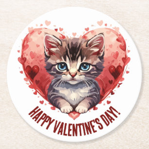Happy Valentine's Day Little Kitten with Heart Runder Pappuntersetzer