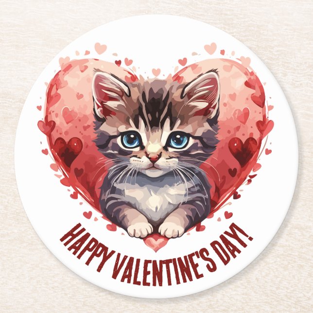 Happy Valentine's Day Little Kitten with Heart Runder Pappuntersetzer (Vorderseite)