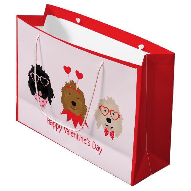 Happy Valentines Day Mini Goldendoodle Hunde Große Geschenktüte (Vorderseite Schrägansicht)