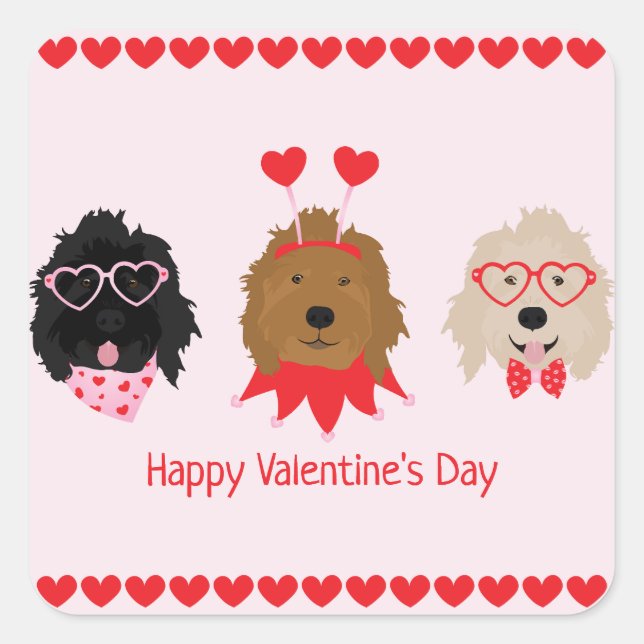 Happy Valentines Day Mini Goldendoodle Hunde Quadratischer Aufkleber (Vorderseite)