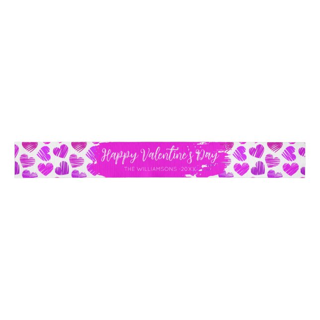 Happy Valentines Day Modern Lila Pink Heart Name Ripsband (Vorderseite)