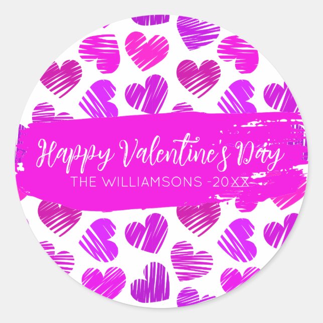 Happy Valentines Day Modern Lila Pink Heart Name Runder Aufkleber (Vorderseite)