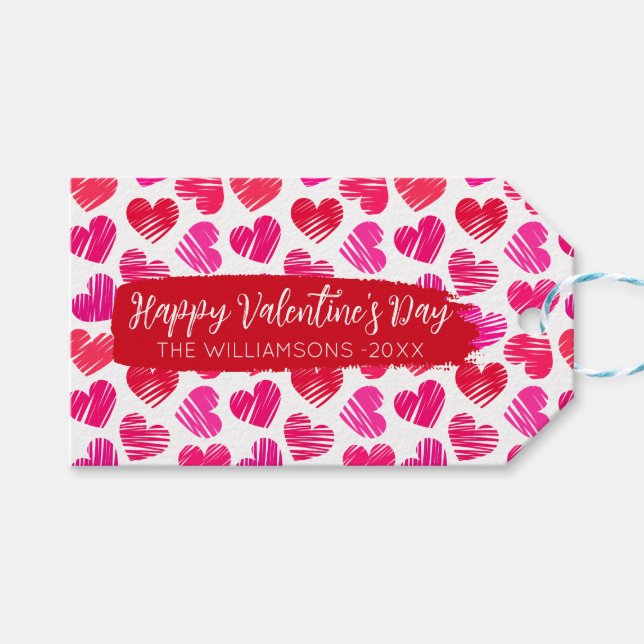 Happy Valentines Day Modern Red Pink Herbst Name Geschenkanhänger (Vorderseite (Horizontal))