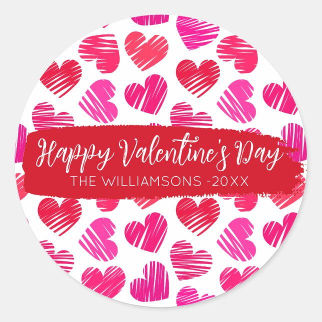 Happy Valentines Day Modern Red Pink Herbst Name Runder Aufkleber (Vorderseite)