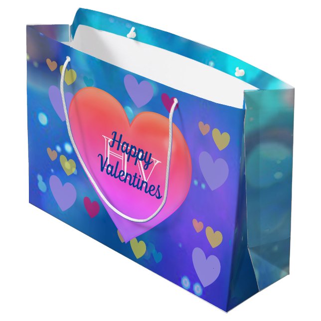 Happy Valentines Day Monogram mit Hübschen Herzen Große Geschenktüte (Rückseite Schrägansicht)