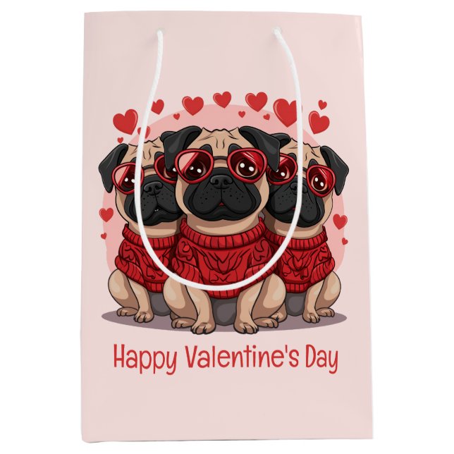 Happy Valentines Day Mops Hunde Mittlere Geschenktüte (Vorderseite)
