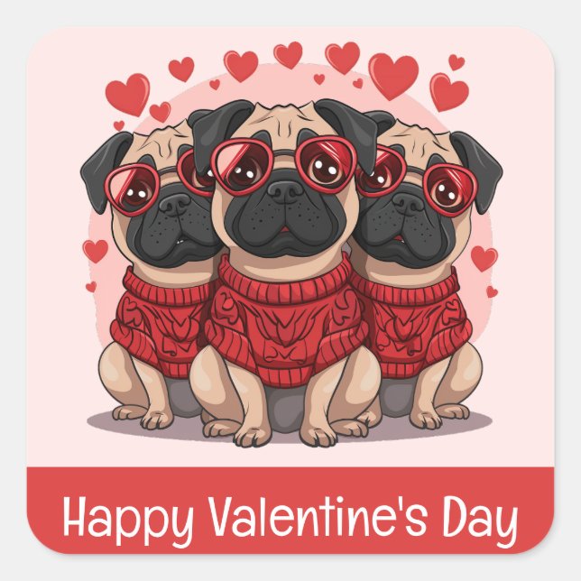 Happy Valentines Day Mops Hunde Quadratischer Aufkleber (Vorderseite)