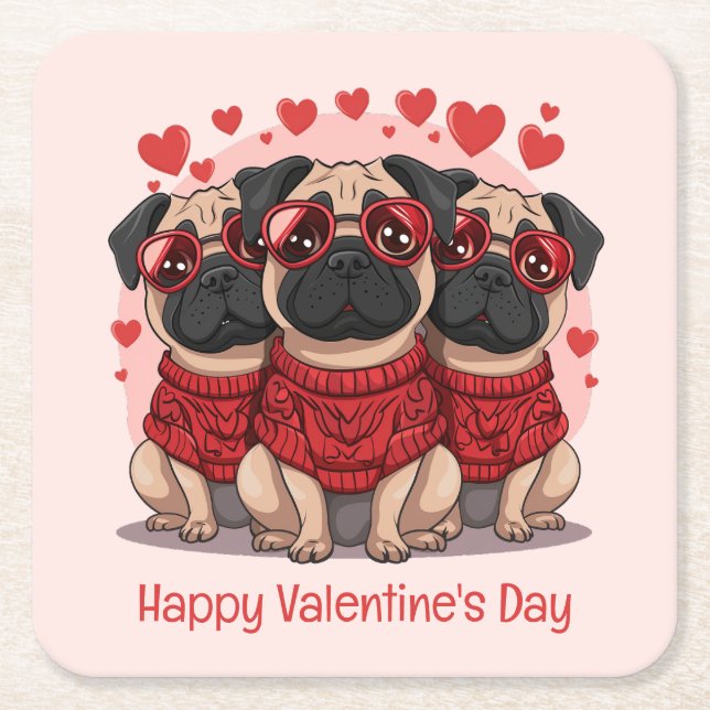Happy Valentines Day Mops Hunde Rechteckiger Pappuntersetzer (Vorderseite)