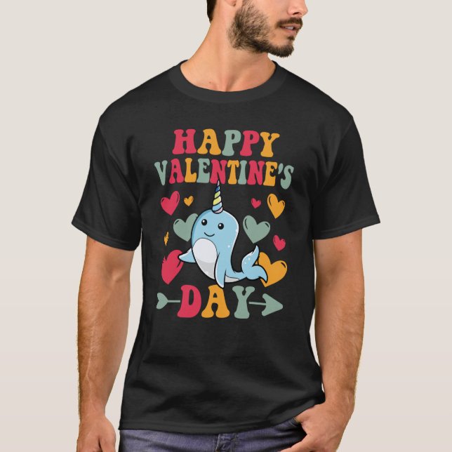 Happy Valentines Day Narwhal Heart Love Groovy T-Shirt (Vorderseite)