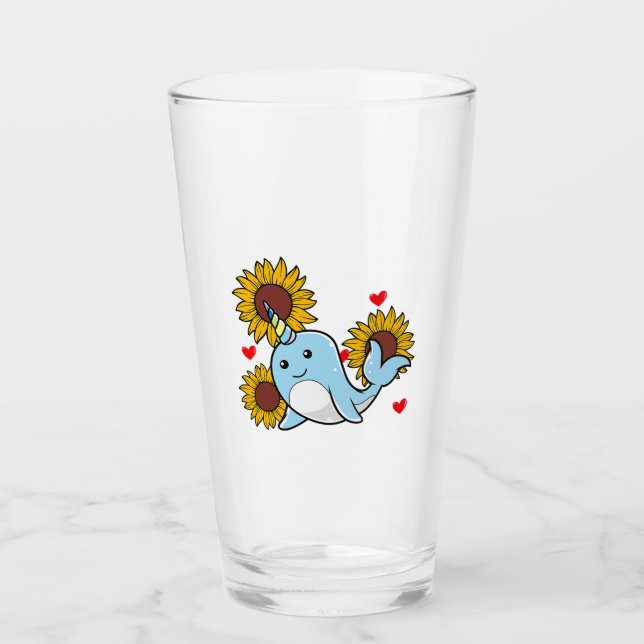 Happy Valentines Day Narwhal mit Sonnenblumen Herz Glas (Vorderseite)