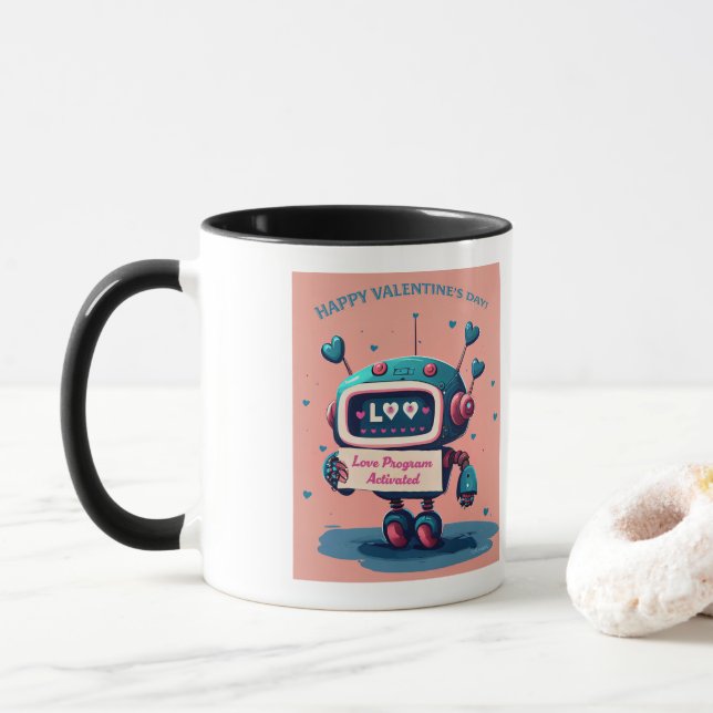 Happy Valentines Day Niedlich Blue Robot, Hearts T Tasse (Mit Donut)